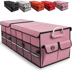 the large pink and black storage bag has multiple compartments on each side, one for storing items