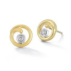 Gold & Stone Earrings - VD:Sparkling diamonds in highly polished, white gold bezel settings add a luxe element to organic swirls of satin 18k gold on these playfully elegant stud earrings. Post closure.Total diamond weight: 0.10ptColor/Clarity: G/H Color, SI 1 ClarityOriginal:Expressive stud earrings in 18K yellow and white gold with  diamonds.Earrings are 18K yellow gold with satin finish, each with 1  .05pt diamond, bezel set in 18K white gold with high polish finish.Diamonds are G/H Color Elegant Diamond Earrings For Anniversary With Tension Setting, Gold Diamond Earrings With Tension Setting, Elegant White Gold Earrings With Tension Setting, Elegant Formal Earrings With Tension Setting, Elegant Yellow Gold Diamond Earrings With Tension Setting, Modern Diamond Earrings With Tension Setting, Modern Diamond Earrings With Bezel Setting, Elegant Diamond Earrings With Tension Setting, Elegant Gold Diamond Earrings With Tension Setting