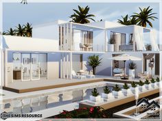 an artist's rendering of a house with palm trees on the roof and balconies