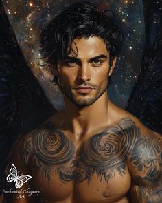 an artistic painting of a man with tattoos on his chest and wings in the background