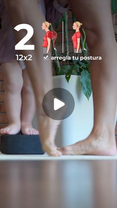 two people standing on top of a table next to a potted plant with their feet up