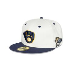 the milwaukee brewers'new era 59fifty fitted hat is shown in white and navy