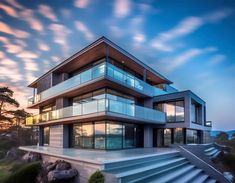 a modern house with stairs leading up to the upper floor and glass balconies