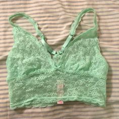 Victoria’s Secret Bralette Small True Color Depicted In First Picture Never Worn But Without Tags/Like New Sea Foam/Mint Green Lace Adjustable Straps Bow On Front Spring Green Bra With Lace Trim, Green Lace Trim Bra For Spring, Victoria's Secret Green Bra For Spring, Victoria's Secret Green Lace Trim Bra, Green Lace, Sea Foam, One Pic, True Colors, Women's Intimates