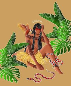 a woman sitting on top of a plant next to a snake and palm tree leaves