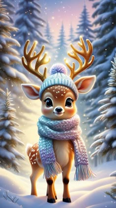 a painting of a deer wearing a knitted hat and scarf in front of snow covered trees