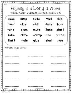 a long u word worksheet with the words