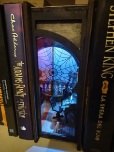 three books are sitting on a shelf in front of a window with spider webs