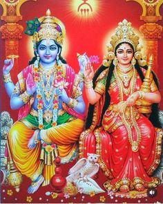 two deities sitting next to each other in front of a bright red background with flowers