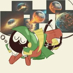 an image of a cartoon character sleeping on the ground in front of some pictures and planets