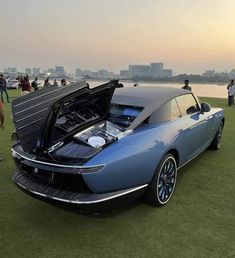 a blue sports car with its hood open on the grass near water and people standing around