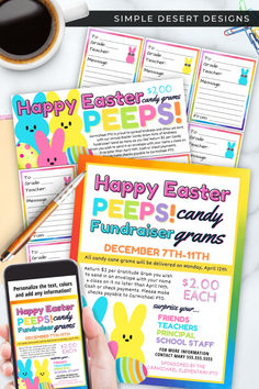 a person holding up a cell phone next to some easter flyers and an iphone with the text happy easter peps on it