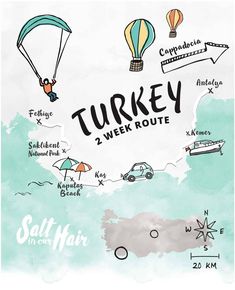 the turkey 2 week route map is drawn in watercolor and ink with an image of hot air balloons