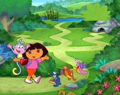 dora the explorer and her friends are in front of a fire with an orange flame coming out