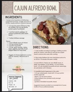 the recipe for cajun alfredo bowl is shown in this brochure, with instructions