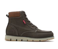 Synthetic upper,Secure lace-up closure,Moc stitched toe,Cushioned insole,Durable outsole,Breathable shoe lining,Padded collar and tongue for added comfort,Pull loop at back for easier on and off,Levi's branding details | Men's Levis Dean Wx UL Boot in Brown Size 8 Medium Casual Brown Weatherproof Lace-up Boots, Casual Lace-up Work Boots For Hiking, Fall High-top Weatherproof Work Boots, Weatherproof High-top Work Boots For Fall, Fall Weatherproof High-top Work Boots, Casual Combat Boots With Reinforced Heel For Outdoor, Casual Lace-up Boots With Reinforced Heel And Moc Toe, Casual Hiking Work Boots With Reinforced Toe, Casual Work Boots With Reinforced Toe For Hiking