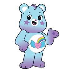 a blue teddy bear with a rainbow heart on it's chest and wings, standing in front of a white background