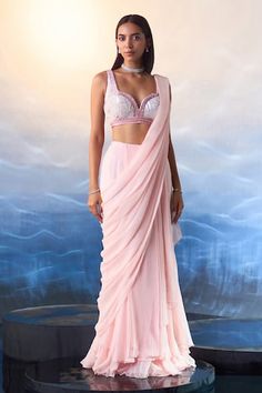 Powder pink pre-draped saree. Paired with a hand embroidered blouse using multicolored sequin, crystals and bugle beads. - Aza Fashions Draped Saree, Drape Saree, Indian Wedding Wear, Parsons School Of Design, Embellished Blouse, Lehenga Saree, Blouse For Women, Bugle Beads, Pink Saree