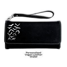 This listing is for one Goth Wallet Bat Wallet Personalized Cute Wallet Vegan Leather Wristlet Wallet Goth Accessories Custom Gothic Gift Halloween Wristlet . PRODUCT DETAILS: ❧ Size: 7 1/2" x 4" ❧ Color: Black with Silver engraving (also available in purple faux leather with black engraving)  ❧ 12 card slots ❧ ID slot ❧ Zipper compartment for change ❧ Larger compartment for bills ❧ RFID protection ❧Detachable wrist strap and a snap closure  HOW TO ORDER: ❧ Please select your color (Black or Pur Black Wristlet With Card Slots For Gift, Goth Wallet, Cute Wallet, Goth Accessories, Gothic Gifts, Cute Wallets, Silver Engraving, Money Clip Wallet, Wristlet Wallet