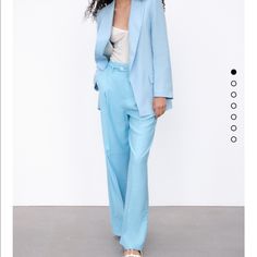 Viscous Polyester Spring Blue Wide Leg Pantsuit, Light Blue Wide Leg Pants For Summer Workwear, Light Blue Wide Leg Pants For Spring Workwear, Spring Light Blue Wide Leg Workwear Pants, Chic Light Blue Straight Leg Pants, Light Blue Wide-leg Pants For Work, Blue High-waisted Pantsuit With Pockets, Blue Straight Leg Spring Pantsuit, Blue Straight Leg Pantsuit For Spring