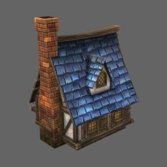 a small house with a blue roof and chimney