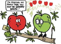 two apples sitting on top of a tree branch with an apple saying i'm studying my family tree you must be granny smith