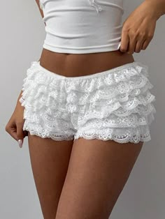 Women's Fashion Color Contrast Lace Trim Mesh Multilayer Ruffle Edge Cake Shaped Super Short Shorts, Music Festival, Spring/Summer Black Casual   Lace Plain Track Shorts Medium Stretch  Women Clothing, size features are:Bust: ,Length: ,Sleeve Length: Bahamas Outfits, Bahamas Outfit, Super Short Shorts, Cake Shapes, Flare Sleeve Dress, Track Shorts, Corfu, Satin Mini Dress, Womens Tights