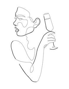 a line drawing of a woman holding a wine glass in one hand and looking up at the sky