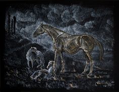 a chalk drawing of a horse and two lambs in a field with dark clouds