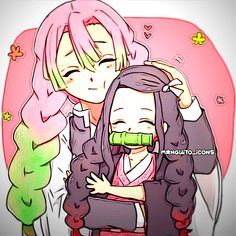 two anime characters are hugging each other in front of a pink and green background with flowers