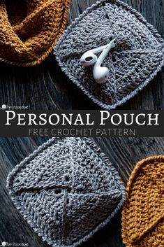 three crocheted hats with the text personal pouch free crochet pattern