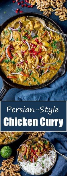 persian style chicken curry in a cast iron skillet with rice and nuts on the side