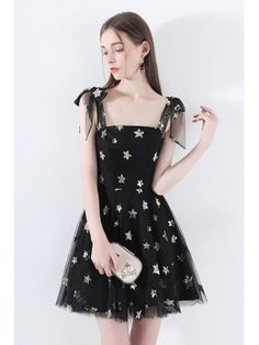 Super Cute Star Black Tulle Short Party Dress With Bow Straps Dress With Bow Straps, Cocktail Dress Short, Backless Formal Dresses, Bow Straps, Black Sundress, Crop Top Skirt Set, Cute Star, Star Black, Semi Formal Dress