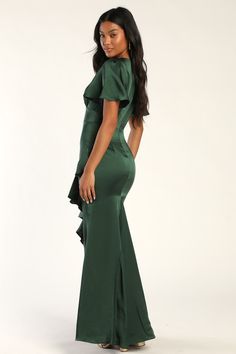 We can't think of a more ideal union than you plus the Lulus Eternal Bond Emerald Satin Ruffled Flutter Sleeve Maxi Dress! Lightweight stretch-woven satin sweeps from short fluttery sleeves into gathered cups with a V-neckline and a set-in waist. A figure-skimming maxi skirt is adorned with flouncy ruffles as it falls to an asymmetrical, high-low hem. Hidden back zipper/clasp. Fit: This garment fits true to size. Length: Floor length. Size medium measures 59" from shoulder to hem. Bust: Great fo Sleeve Gown, Lulu Fashion, High Low Skirt, Satin Maxi, Gowns With Sleeves, Satin Maxi Dress, Sleeve Maxi Dress, Maxi Dress With Sleeves, Cool Fabric