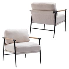 two white chairs with black legs and arms, one has a beige cushion on the back