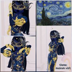 four pictures of a woman dressed in blue and gold with her hands on her hips