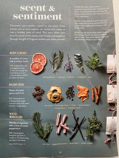 an advertisement for the scent and sentiment magazine, featuring various items from different types of christmas trees