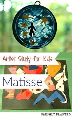 an art study for kids matissee is displayed in front of a window with the words, artist study for kids