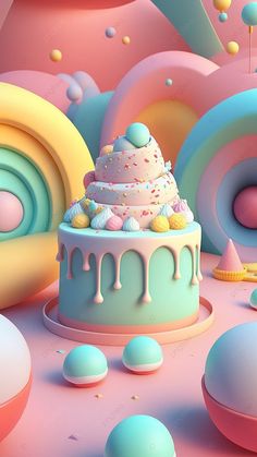 a colorful cake with icing and sprinkles on the top is surrounded by balloons