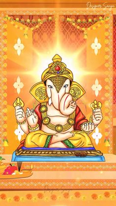 lord ganesha sitting on the ground in front of an orange background