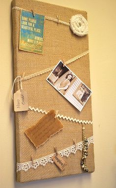 a bulletin board with pictures and clothes pins attached to it