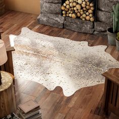 a living room area with a fireplace and rugs on the floor, along with potted cacti