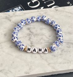 Blue and White Chinoiserie Bracelet, Grand Millennial Bracelet, Mothers Bracelet, Mama Gift, Personalized Bracelet - Etsy Floral Bead Bracelet, Mama Bracelet, Beaded Braclets, Grand Millennial, Blue And White Chinoiserie, Mothers Bracelet, Rose Gold Beads, Baby Bracelet, Personalized Bracelet