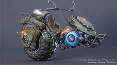 a futuristic motorcycle is shown with blue lights on the front wheel and two gears attached to it