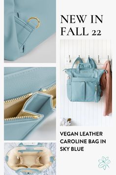 the vegan leather carouine bag in sky blue is shown with gold hardware