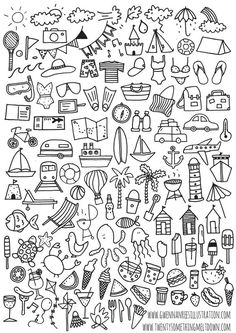 a black and white drawing of many different things