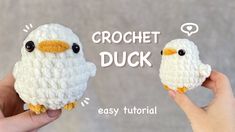 two crocheted stuffed animals are being held by someone's hands with the words crochet duck written above them