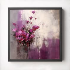 an abstract painting with pink flowers in a vase