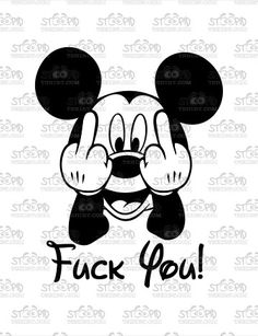 mickey mouse face with the words fock pou in black and white on a white background