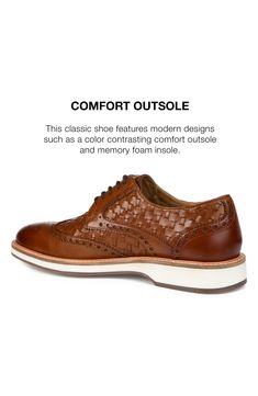 Woven insets and a bright white sole make the look both relaxed and sporty in a wingtip derby punctuated with classic broguing. Lace-up style Memory foam footbed Leather upper and lining/synthetic sole Imported Men's Shoes Brown Wingtip Leather Shoes With Perforated Toe Box, Brown Wingtip Oxfords With Textured Sole, Brown Oxfords With Perforated Toe For Business Casual, Brown Wingtip Leather Shoes With Cushioned Footbed, Plain Toe Oxfords With Perforations, Casual Brown Wingtip Dress Shoes, Casual Brown Dress Shoes With Perforated Toe Box, Classic Synthetic Wingtip Oxfords, Casual Wingtip Lace-up Shoes With Removable Insole